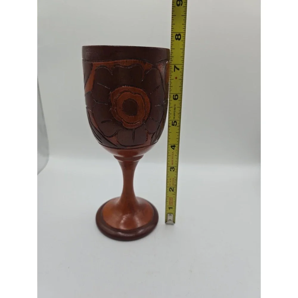 Decorative Hand Carved Design Unique Wooden Wood Wine Drink Cup Goblet 7 1/2